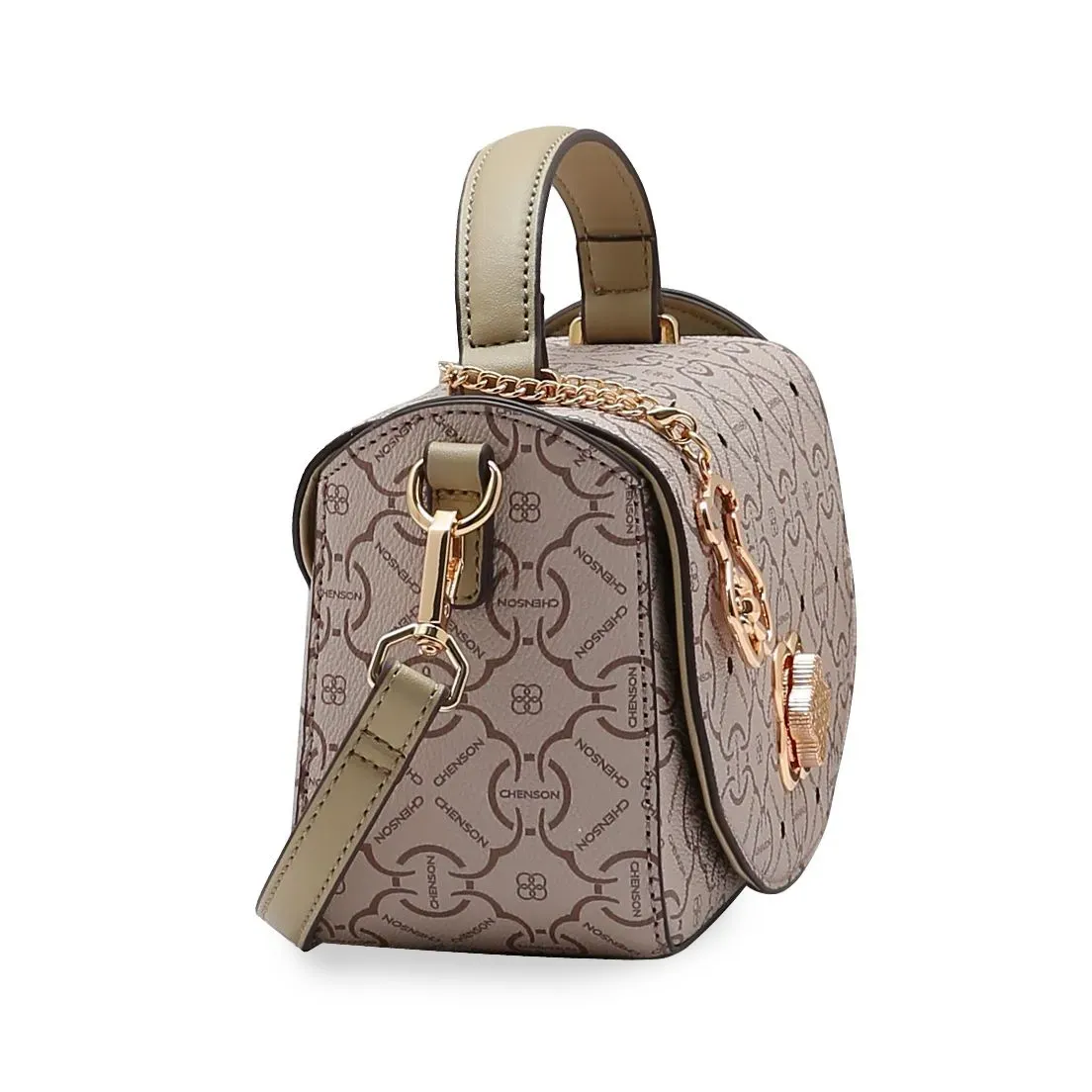 Vista lateral da bolsa Chenson Classic Cristal bege com alça longa removível e detalhes dourados